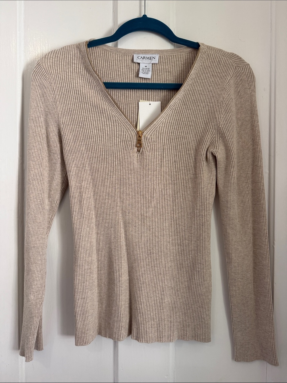 Carmen Marc Valvo Ribbed Zip-Neck Sweater